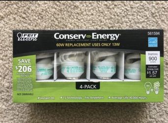 New! Pack of 4 Light Bulbs - Energy Efficient- Feit CE13T2 Conserv-Energy 60W Equivalent CFL 13-Watt Light