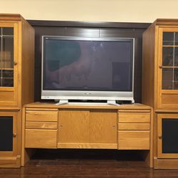 Entertainment tower cabinets and credenza.