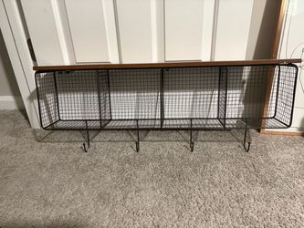 Entryway industrial wire basket with wood top wall shelf