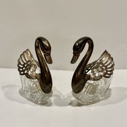 Set Of 2 Vintage Single Made in Italy Swan Salt Cellar Cut Glass Silver Plated