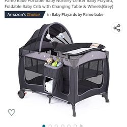 PamoBabe Portable Baby Nursery Center Baby Playard, Foldable Baby Crib with Changing Table & Wheels