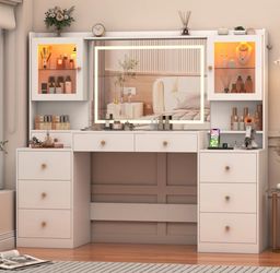 62” White Makeup Vanity Desk with LED Mirror, Glass Top & 9 Drawers – Like New