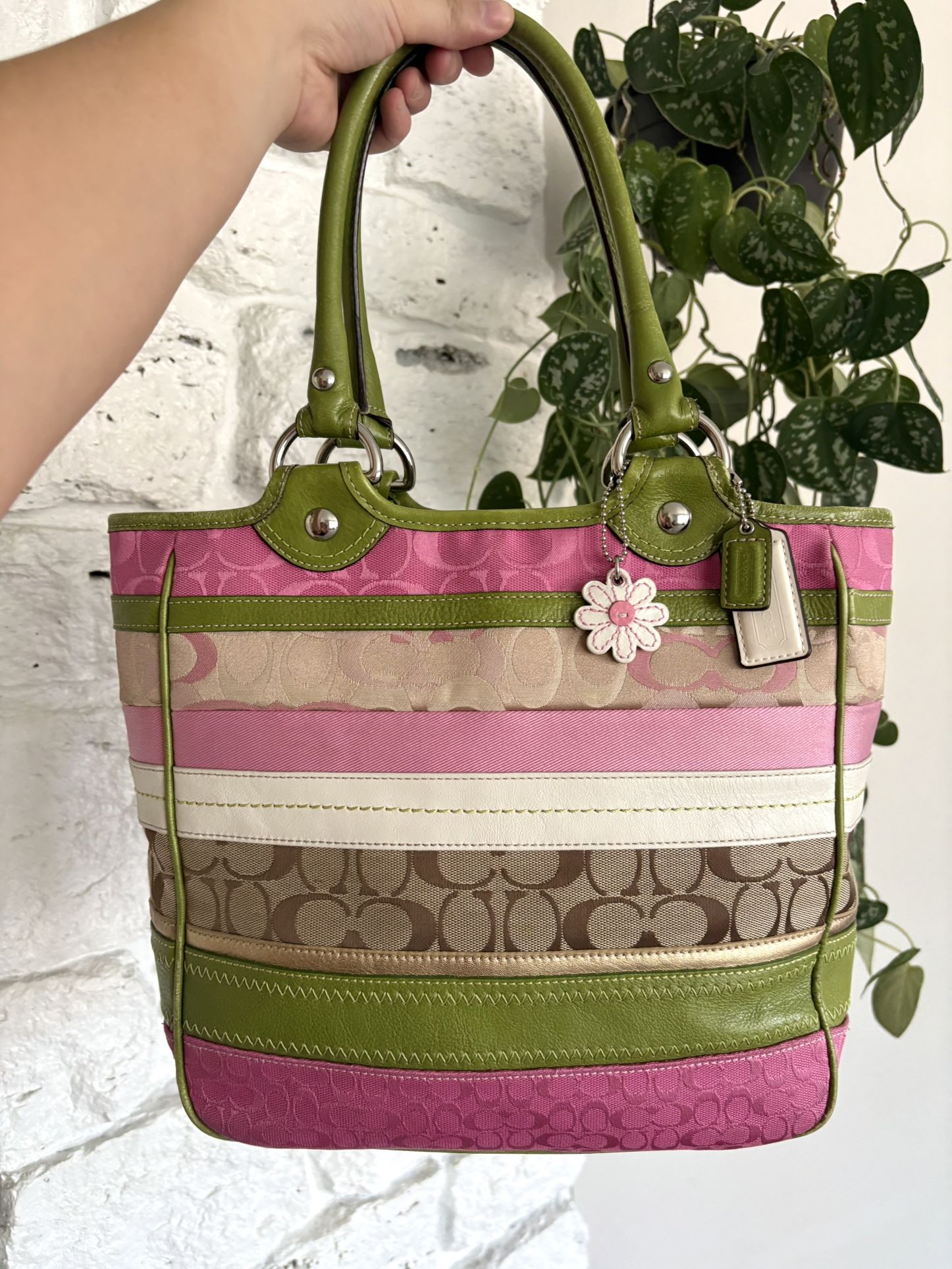 Vintage Coach Bleecker Tote F14726 Daisy Pink Patchwork Jacquard Leather Stripes