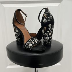 Black Floral Chunk Heels