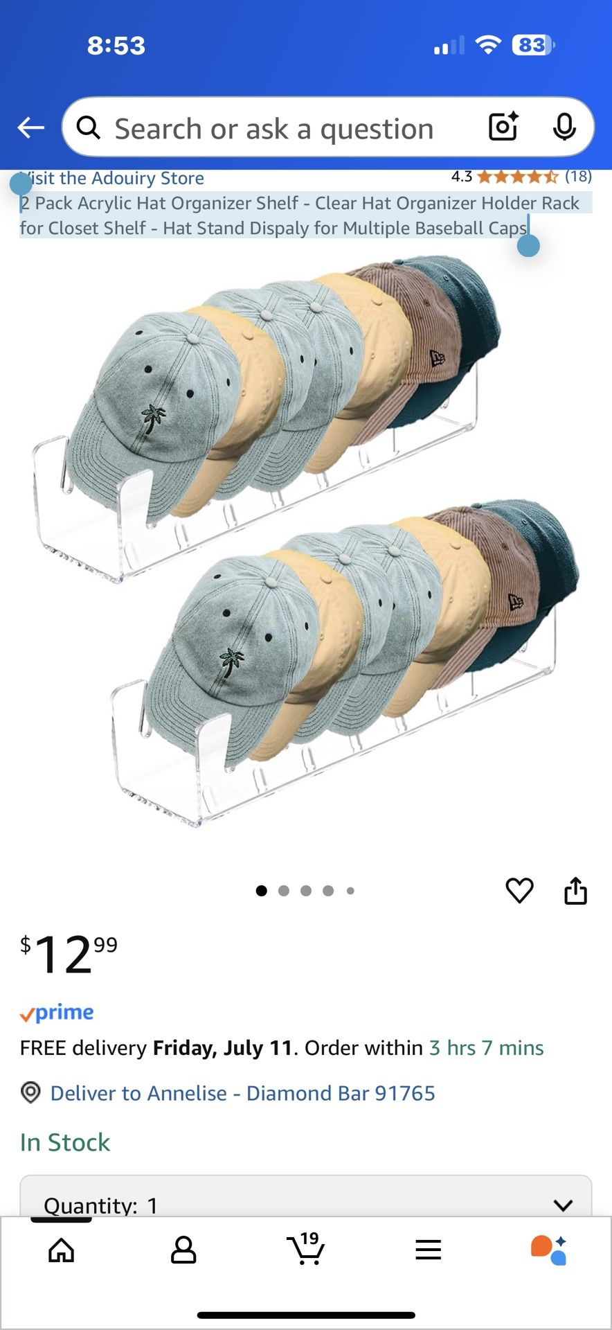 Pack Acrylic Hat Organizer Shelf - Clear Hat Organizer Holder Rack for Closet Shelf - Hat Stand Dispaly for Multiple Baseball Caps