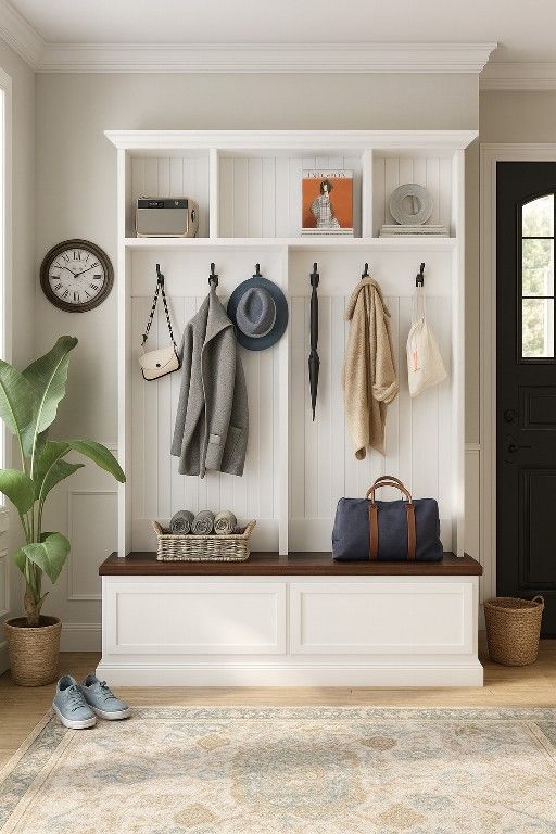 Hall Tree with Wood Grain Bench and 2 Large Drawers, Modern Multi-Functional Coat Hanger W/Storage Cabinet and 6 Black Hooks, 4 Open Cabinets, for Mud