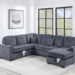 Brand New Gray Corduroy 4-Piece Convertible Sectional
Sleeper Sofa, Chaise Storage, Sofa Storage & USB Port