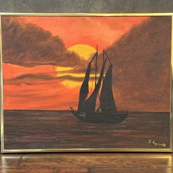 Vintage c1980 Sunset Seascape Oil Painting by Cal. Artist Suzanne Powell