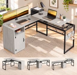 60 in. Wash White Reversible L-Shaped Computer Desk With Lift-Top and Cabinet