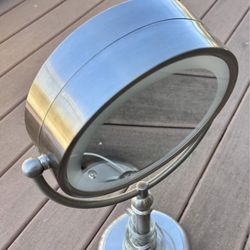 Lighted makeup mirror, brushed nickel