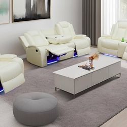 White Leather 3-piece Living Room Recliner Sofa Set