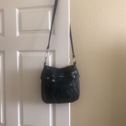 B.MAKOWSKY Black Leather 11”x10.5”. Strap 40” Magnetic Close