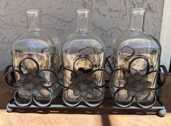 3 Piece Glass Flower Vase with Floral Metal Holder
