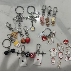 Key chains baking, cooking, dumbbell, ace card dice, pizza, burger, strawberry, bunny, fries, nurse