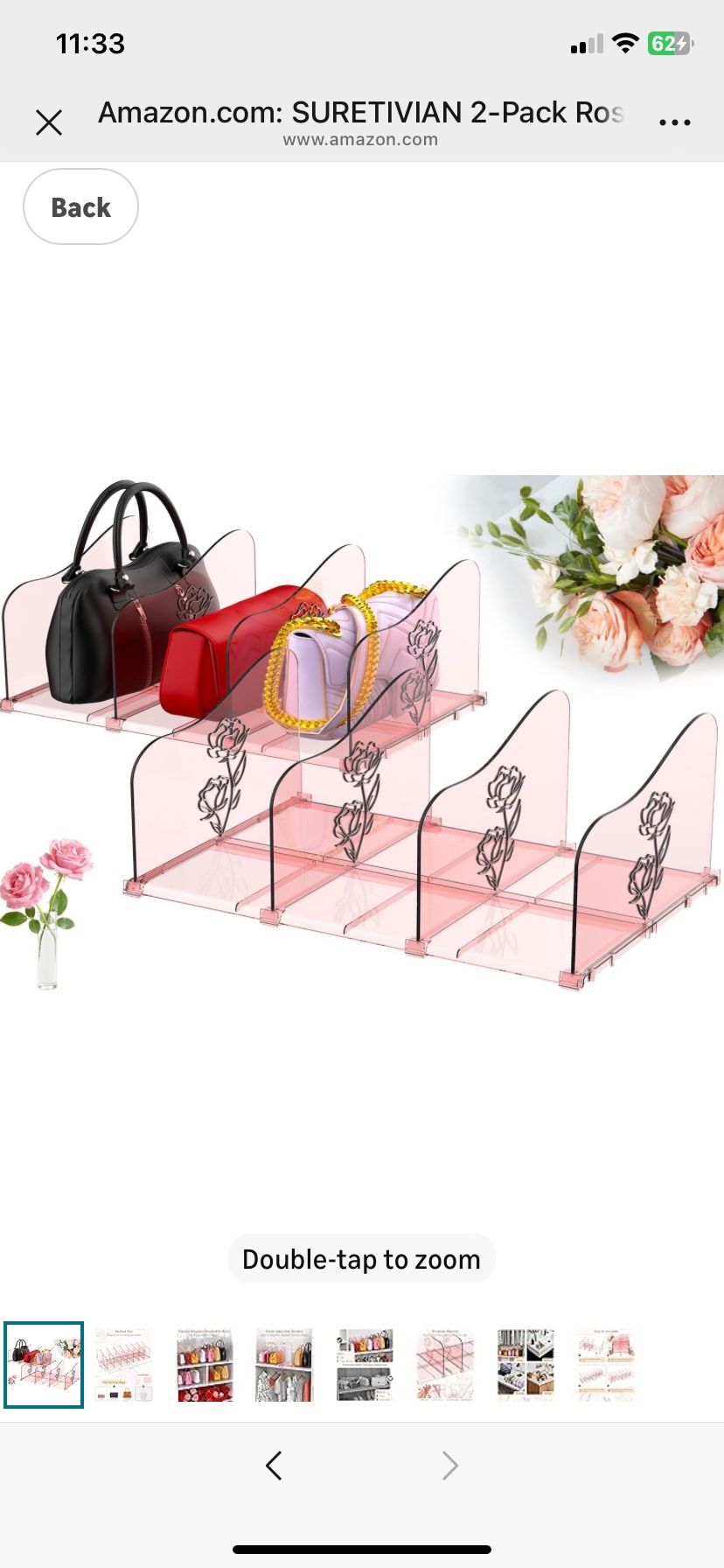 2-Pack Rose Purse Organizers for Closet, Adjustable Large Shelf Divider Rack, Clear Pink Handbag Storage Organizer, Plastic Bookshelf Separator Divide