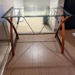 Modern Glass-Top Desk w/ Wood Legs & Metal Frame