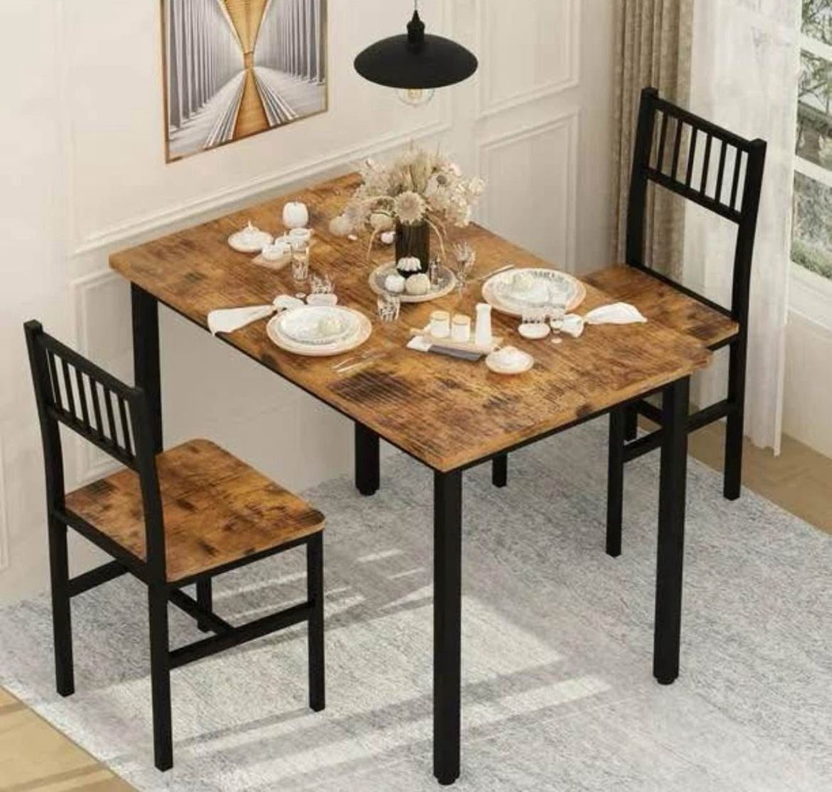 Dining Table Set, Industrial Kitchen Table and 2 Chairs with Metal Frame, Dining Room Table Set, Breakfast Table Set for Small