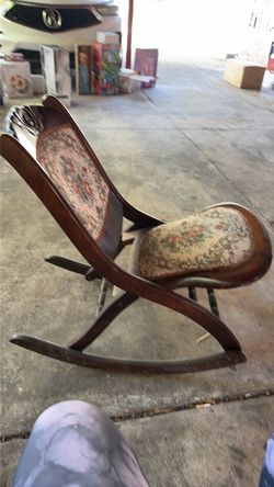 Antique Wood Folding Rocking Chair Needlepoint