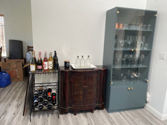 Blue Glass Cabinet w gold hardware