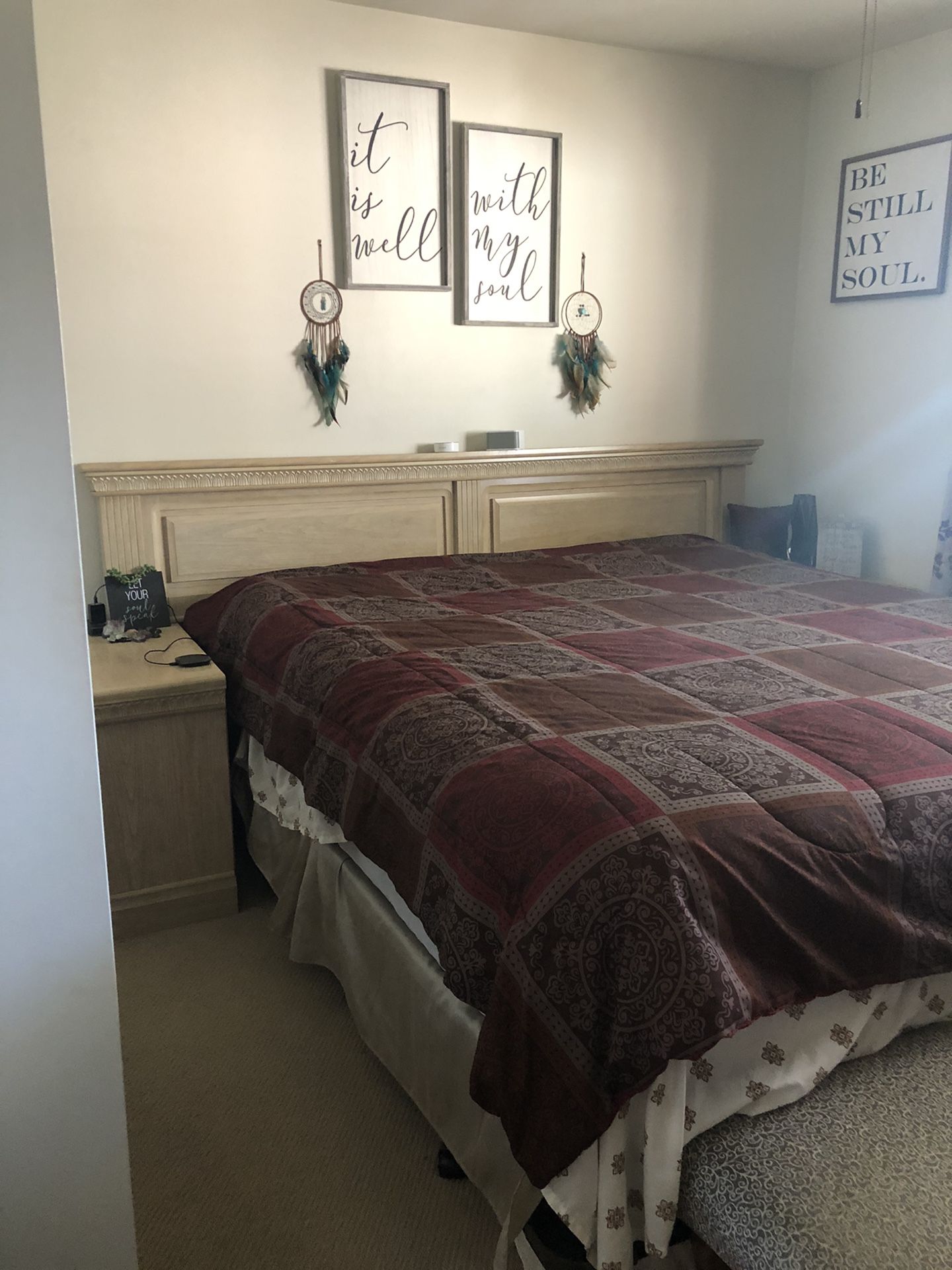 Wood bed frame, comes with two matching nightstands and mattress included!!