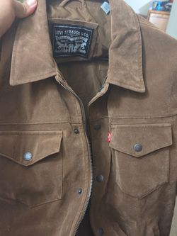 Levis Mens Faux Suede Trucker Jacket Brown Zip Front Snap Shirt Jacket Medium