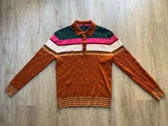 Mr Turk Jules Long Sleeve Merino Wool Polo Sweater Medium Multicolor Stripe NEW NO TAGS HOWEVER THE REPLACEMENT BUTTON IS STILL ATTACHED TO THE SHIRT