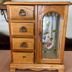 Vintage Atyle Floral Wood Glass Jewelry Box with Mirror & Multiple Drawers