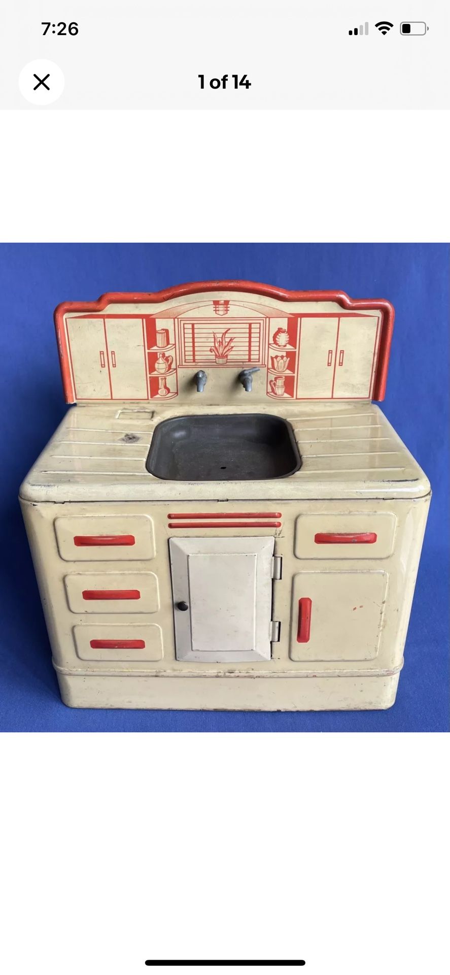 VINTAGE WOLVERINE SUPPLY & MFG TIN LITHO TOY KITCHEN SINK 11”H X 6” D x 8”-12”H