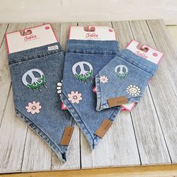 Set of 3 Justice Blue Denim Hippy Peace Dog Bandana Collar Wraps. Two Size M/L and One Size XS/S.

Makes a great holiday Christmas gift or stocking st