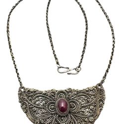 FREE SHIPPING! Red Ruby Cabochon 925 Silver Indonesian Pendant Necklace 15” #481  