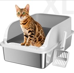 XL Stainless Steel Cat Litter Box with Lid – Light Grey