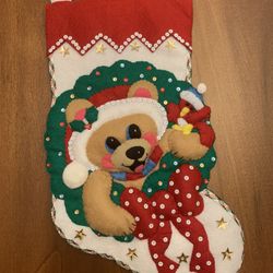 HAND MADE EMBROIDERED FELT CHRISTMAS STOCKING FINISHED ORNAMENT BEAR FINISHED NEW, FULLY LINED.
