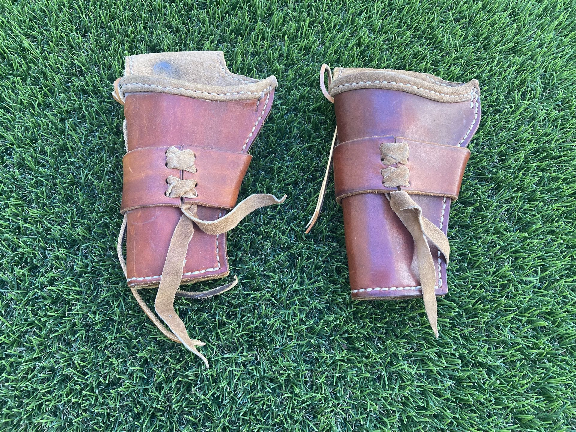 2 Vintage Brown Leather Gun Pistol Holster Holsters. Stitched. Pre Owned.