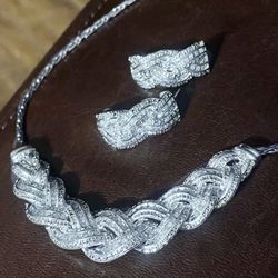Sterling Silver Diamond Braided Necklace And Earrings Set