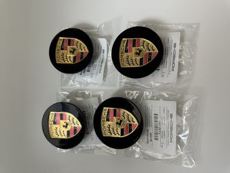 (SET OF 4) Porsche Wheel Center Caps Gloss Black Original Color Crest.