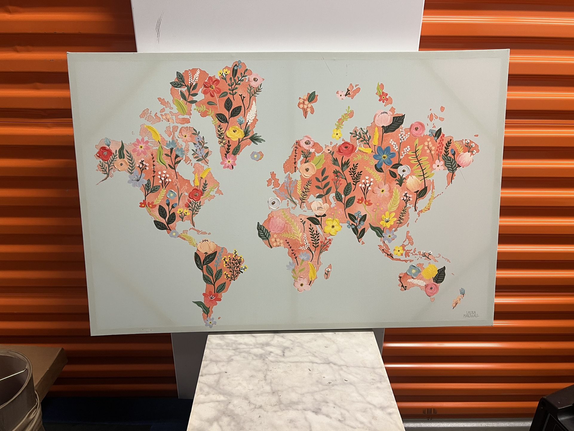 Mint Green Backed Handpainted World Map With Floral Detail