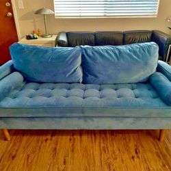 Blue Suede Microfiber Mid-Century Modern Sofa