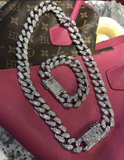 New 18 k white gold Cuban iced out chain and bracelet set