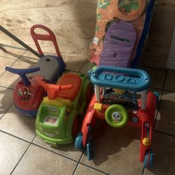 walker , ball pit and ride on toy