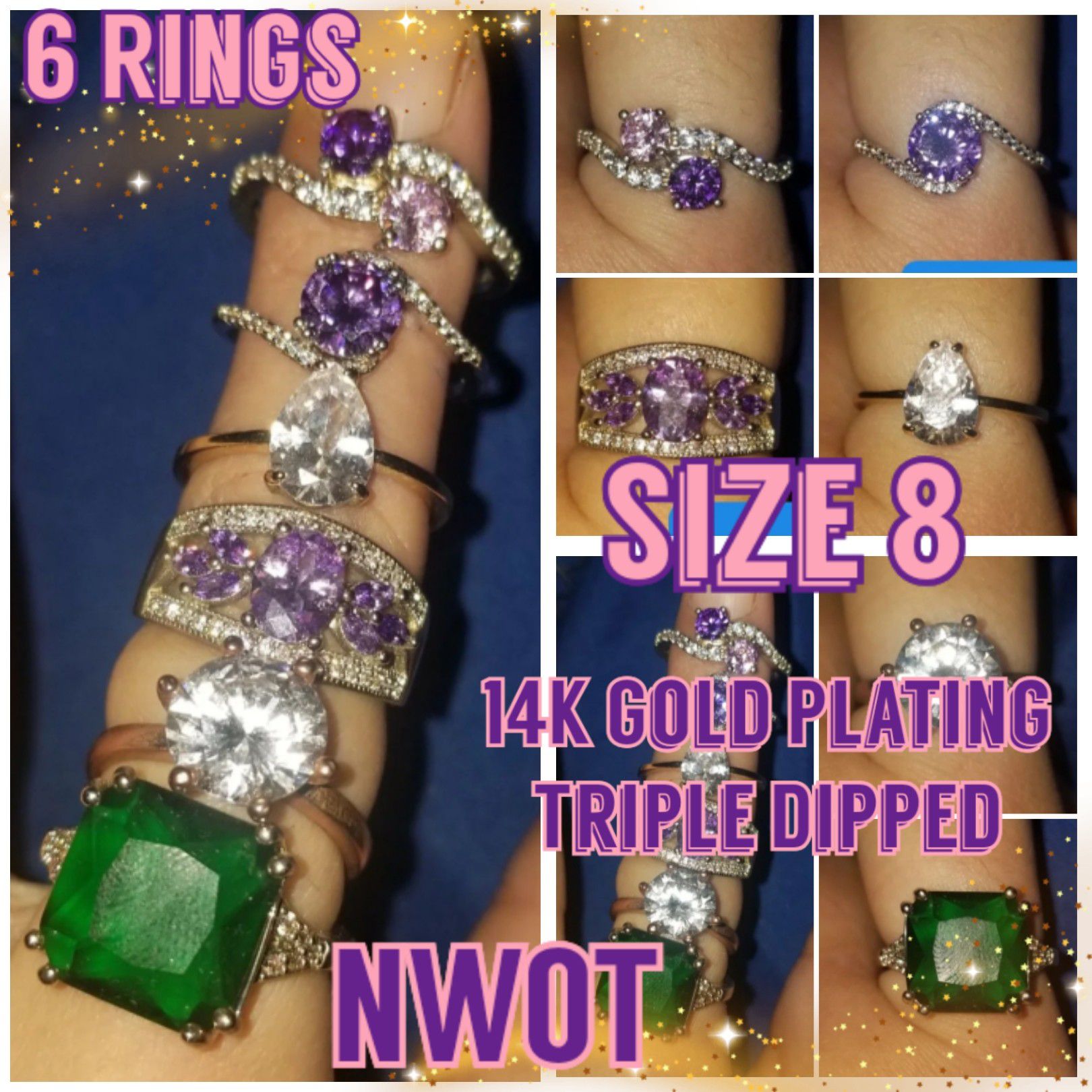 6 Rings Size 8 14K Gold Plated
