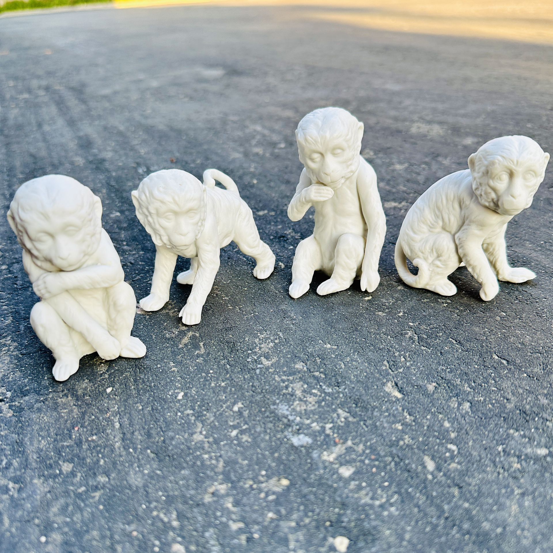 Vintage Porcelain Monkey Statues Figurines - Set Of 4 - Bisque Matte
