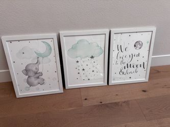 Set of 3 Framed Nursery Wall Art – Elephant, Moon & Stars