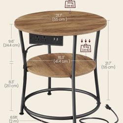 VASAGLE 21.7" Round Side 2-Tier End Table w/ Power Outlets w/ Steel Frame - Honey Brown
