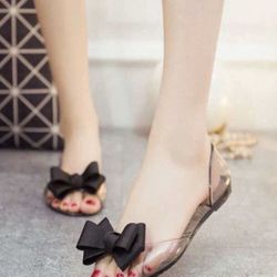 Women’s Size 6.5 - Clear Open Toe Jelly Shoes / Slides / Sandals with  Black Bow Accent 