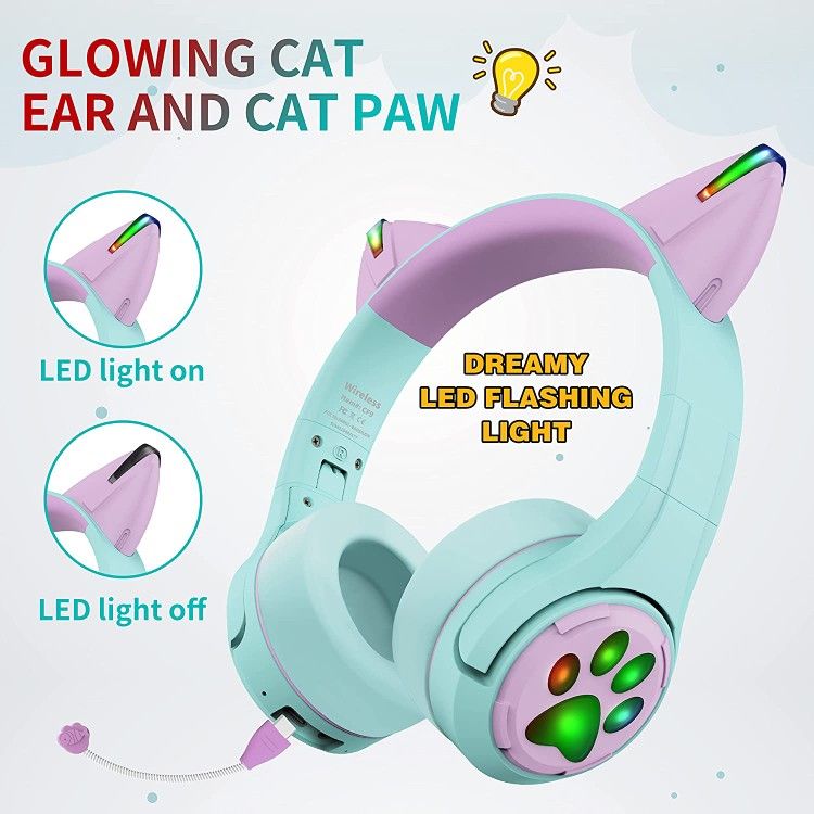 brand new Kids Bluetooth Headphones, Robot Cat Ear Headphones with LED Light, Boom Mic&Built-in Mic for Calls, 85dB Volume Limited Kids