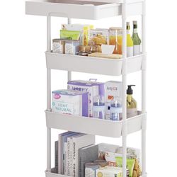 Calmootey 4-Tier Rolling Utility Cart with Drawer, Multifunctional Storage Organizer with Plastic Shelf & Metal Wheel, Storage Cart for Kitchen,Bathro