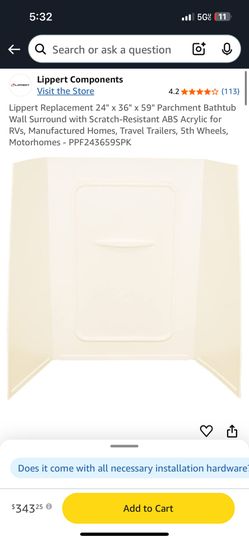 Lippert Replacement 24" x 36" x 59" Parchment Bathtub