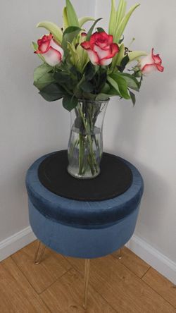 ROUND VELVET BLUE STORAGW VANITY STOOL