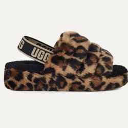 UGG Fluff Yeah Genuine Shearling Slingback Sandal Leopard Women's