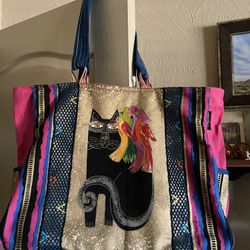 Laurel Burch Cat Large Canvas Shoulder Tote / Bag
